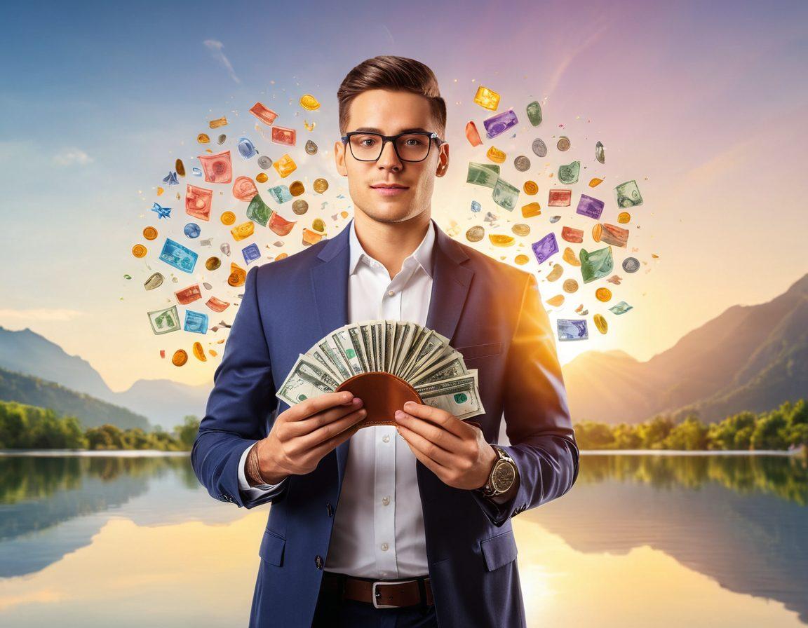 A confident individual holding a glowing wallet overflowing with colorful bills and coins, surrounded by symbols of budgeting like charts and piggy banks. The background features a serene landscape symbolizing financial wellness, with a sun rising over a clear horizon. The overall tone is inspiring and motivational. super-realistic. vibrant colors. white background.