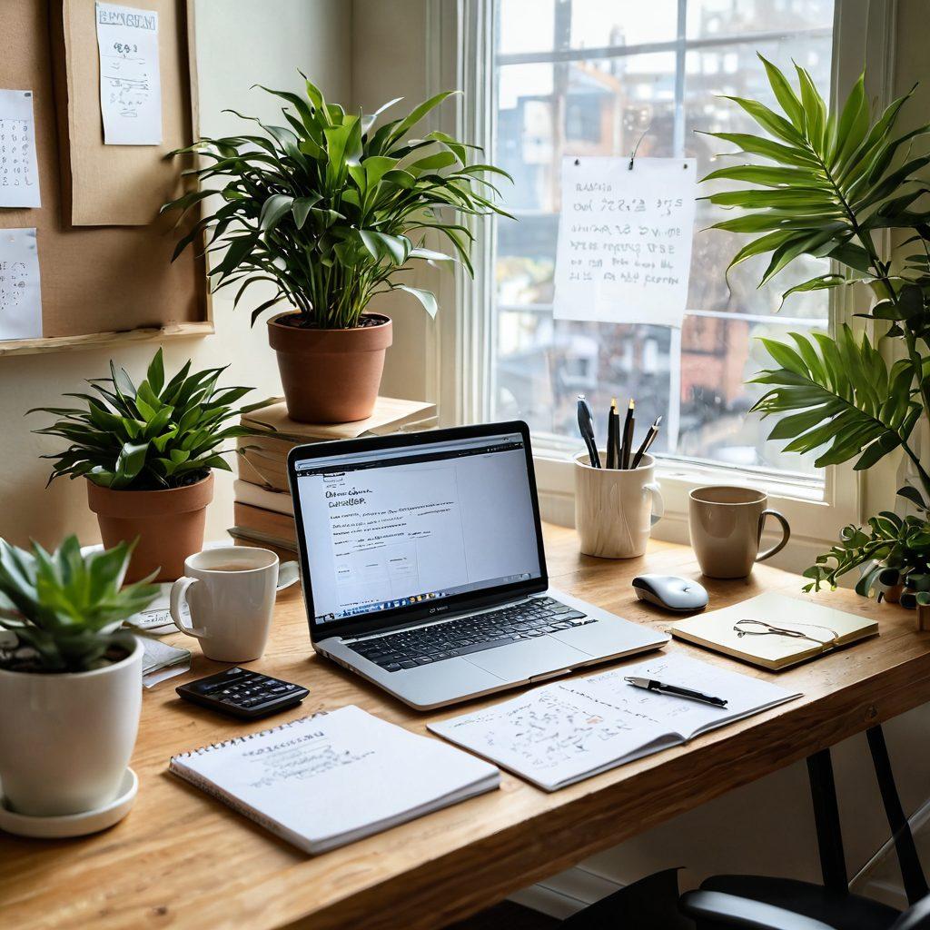 A serene and motivating workspace featuring a wooden desk with a notebook, calculator, and a cup of coffee, surrounded by a plant and inspirational quotes on the wall. A soft light filters through a window, symbolizing clarity and focus. In the background, a vision board with financial goals and success symbols. This image should evoke feelings of empowerment and tranquility. vibrant colors. soft focus.