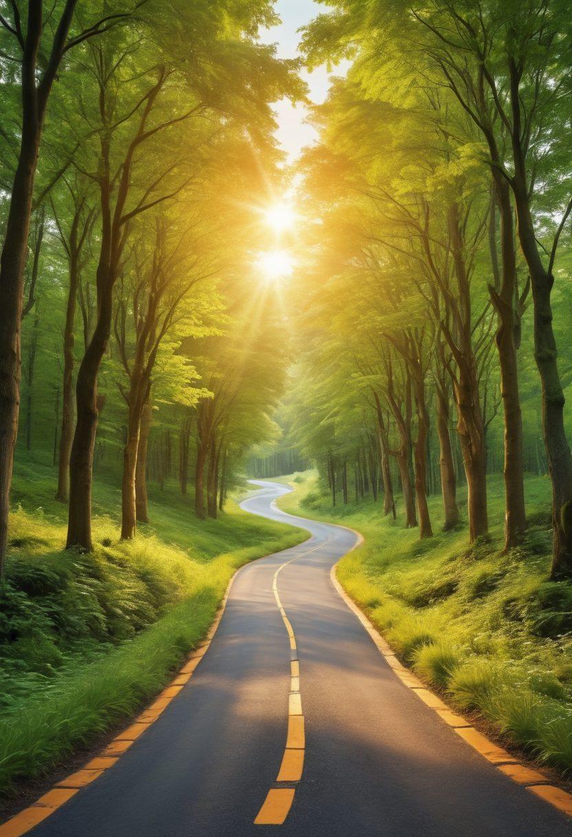 An inspiring financial landscape with a winding road symbolizing a journey, flanked by vibrant green trees representing growth. Include strategic signposts marked with keywords like 'Debt-Free', 'Savings', and 'Invest Smart'. Show a sunrise in the background to symbolize hope and new beginnings. Incorporate a diverse group of people walking confidently along the path, symbolizing community and support. vibrant colors. super-realistic.